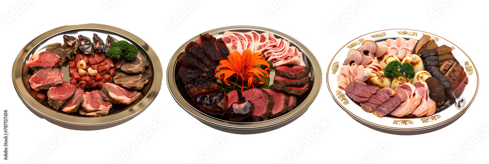 3 different platters of exotic meats, each offering a taste of the wild, from venison to ostrich, expanding culinary horizons, isolated on transparent background 3 different platters of exotic meats, each offering a taste of the wild, from venison to ostrich, expanding culinary horizons, isolated on transparent background