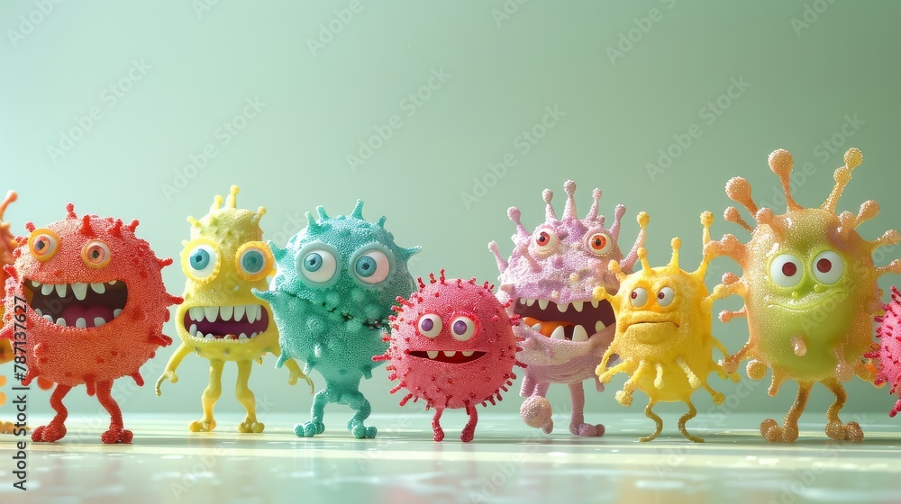 Fototapeta premium 3d render of a group of cute and colorful germs with big eyes