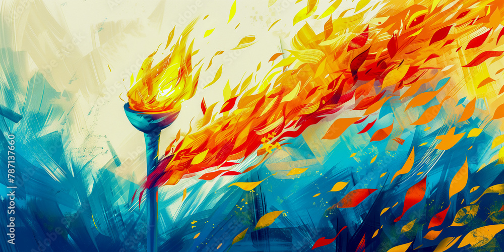 The 2024 Olympic Games in Paris, the capital of France. Watercolor sketch of the Olympic torch on a bright background. The scene of the medal presentation and the award ceremony. - obrazy, fototapety, plakaty 