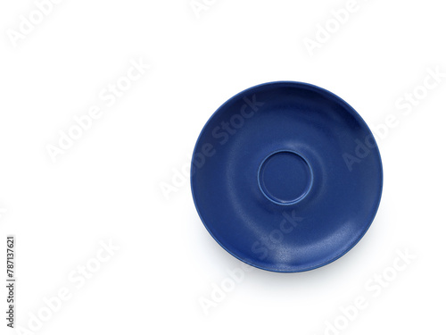 Empty round blue plate template top view isolated on white background with copy space