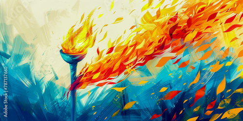 The 2024 Olympic Games in Paris, the capital of France. Watercolor sketch of the Olympic torch on a bright background. The scene of the medal presentation and the award ceremony. photo