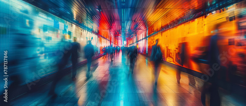 A rush of life depicted in a bustling modern corridor with motion blur, capturing the fast pace of urban existence, the transient nature of time photo