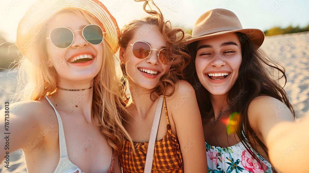 Three cheerful girls friends in summer clothes Three cheerful girls friends in summer clothes
