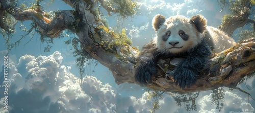 A carnivorous terrestrial animal, the panda bear, with whiskers and a snout, is resting on a tree branch high in the sky, surrounded by fluffy fur