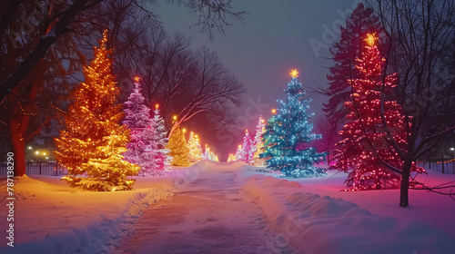 A winter wonderland with Christmas trees glowing in colorful lights, creating an enchanting scene of holiday magic and festive cheer © DJSPIDA FOTO