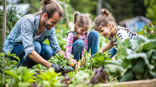 A heartwarming scene of a family joyfully harvesting fresh vegetables from their backyard garden, celebrating the satisfaction of homegrown produce and sustainable living. photo