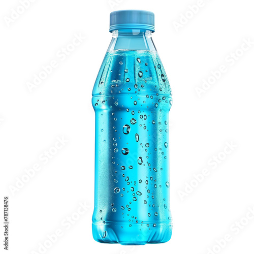 An icy blue sports drink, with droplets condensing on the sleek bottle, energizing athletes and adventurers alike, isolated on tarnsparent background photo