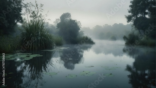 Misty river landscape in a serene jungle