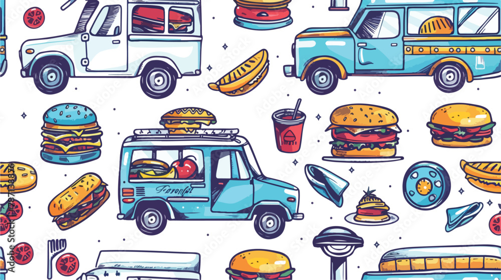 Hand drawn food trucks. Colored vector seamless