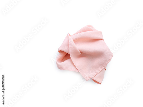 Flat lay with pink linen kitchen napkin isolated on white background. Folded cloth for mockup