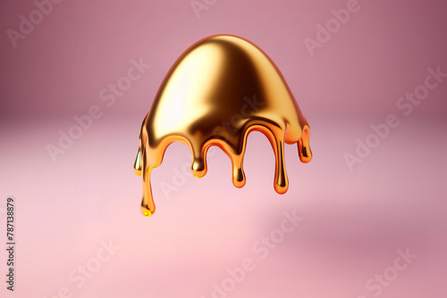 Luxurious gold liquid drips in egg-shaped forms on glossy pink background, resembling melted metal.