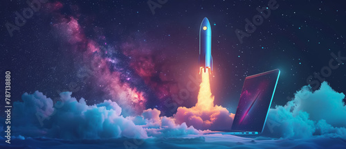 Space exploration concept, a sleek laptop ejecting a vibrant rocket into space, a metaphor for innovation, technology, and the journey of knowledge photo