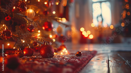 Traditional Christmas scene, warmly lit room with festive decorations, a beautifully adorned tree, family holiday spirit, soft bokeh lights