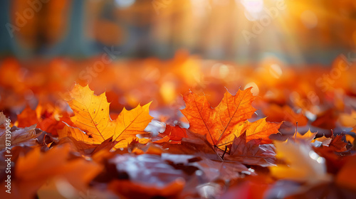 Autumn splendor with close-up of fallen maple leaves, saturated fall colors, crisp morning air, and the serenity of changing seasons