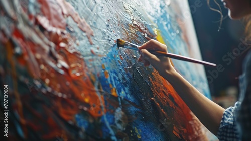 Artist painting on canvas with vibrant colors.