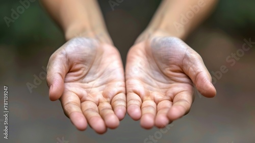 Closeup of a persons open palms releasing any negative thoughts and embracing a more optimistic outlook on life. .