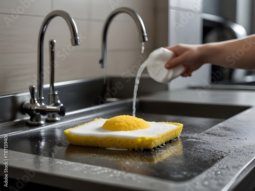 Dishwasher in uniform washes griddle with foam and sponge under the tap water 