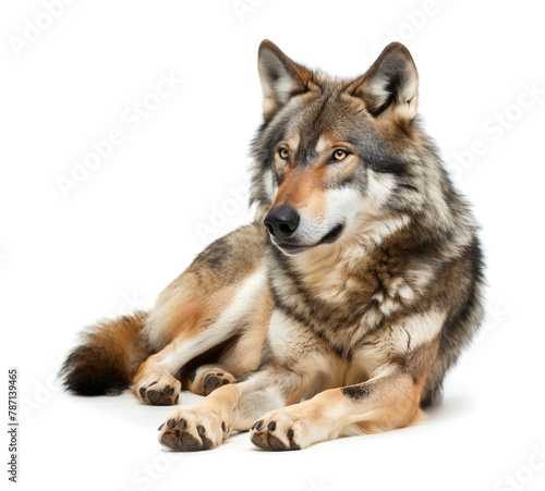 Relaxed grey wolf lying down on white background