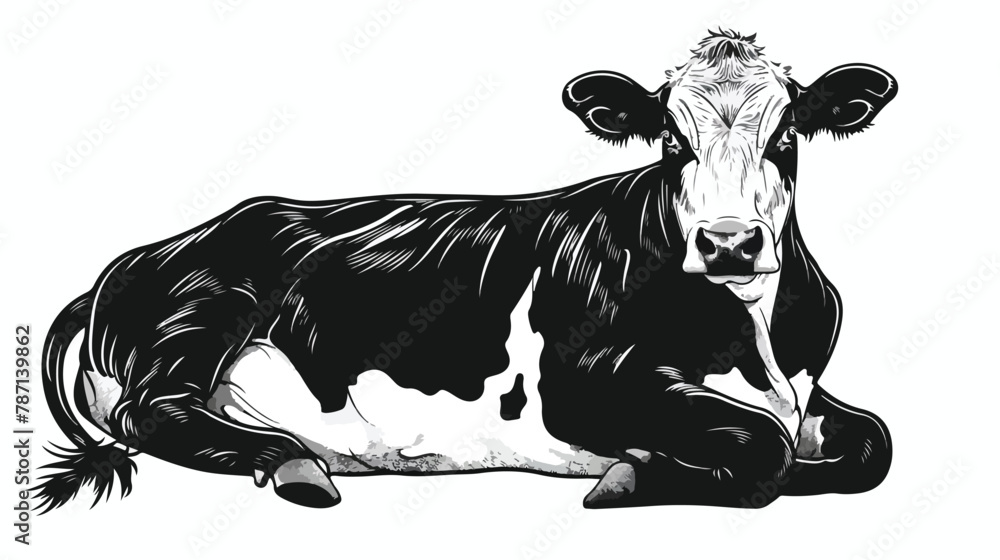 Obraz premium Black And White Cow Lying Down. Cow in lines. Cow 