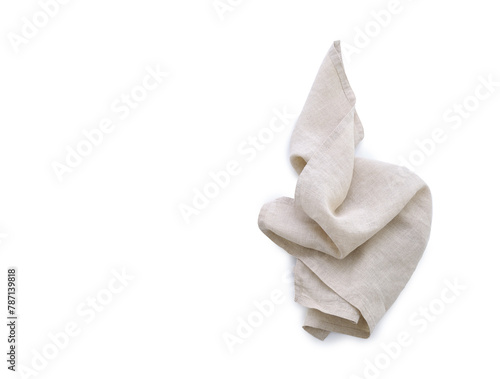 Flat lay with beige linen kitchen napkin isolated on white background. Folded cloth for mockup