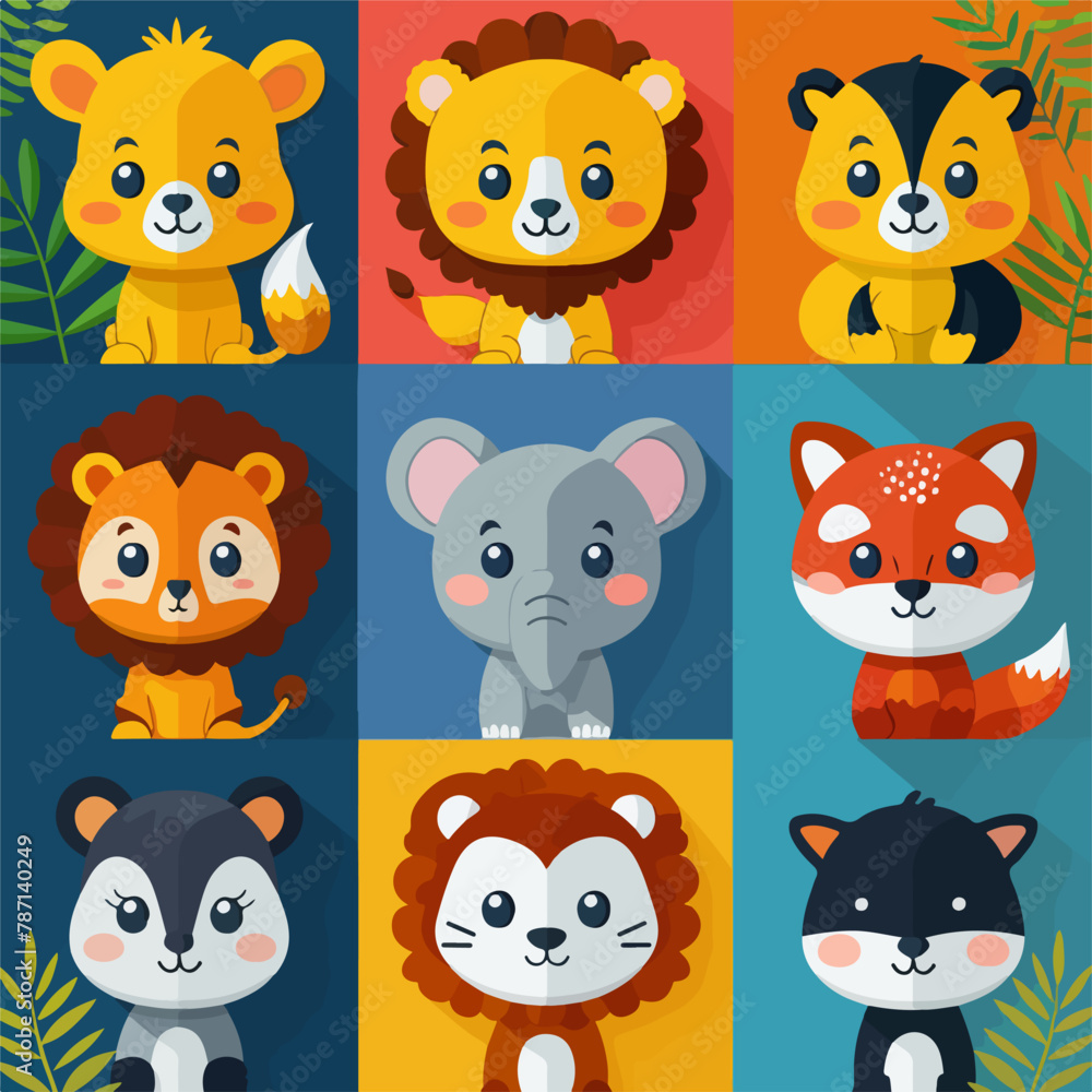 Set of avatars representing different animals. Colourful and attractive animal illustration in vectorial, safari, zoo animals