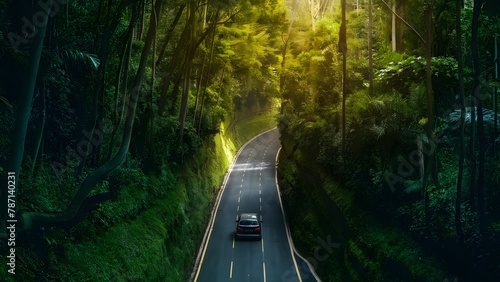 Road surrounded by a lush, dense forest. A solitary car drives along the road, emphasizing its narrowness amidst the abundant greenery