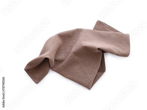 Overhead shot of a brown linen kitchen napkin isolated on white background. Folded cloth for mockup