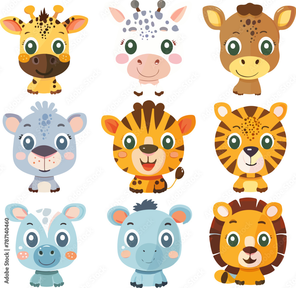 Set of avatars representing different animals. Colourful and attractive animal illustration in vectorial, isolated on white background, zoo animals Set of avatars representing different animals. Colourful and attractive animal illustration in vectorial, isolated on white background, zoo animals