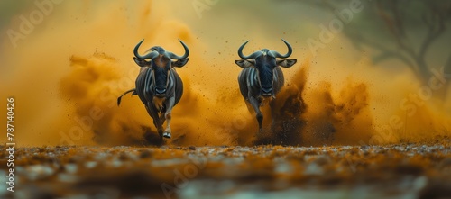Two bulls are galloping on a bridge through a dusty landscape, while a membranewinged insect flits by. The natural scenery is filled with arthropods and plants, creating a picturesque scene photo