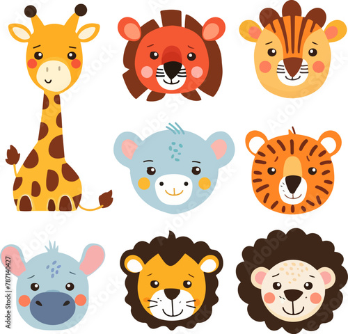 Set of avatars representing different animals. Colourful and attractive animal illustration in vectorial, isolated on white background, zoo animals