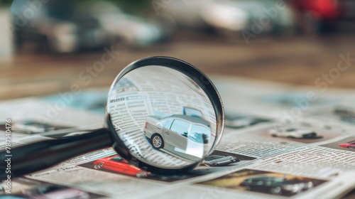 A magnifying glass rests in front of an open newspaper with paper cars. Concept for car rental, car search, car purchase, and cargo transport is illustrated.