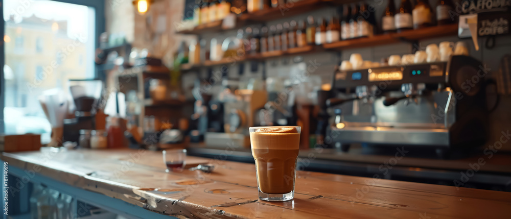 Artisan coffee culture, an array of espresso drinks with perfect crema, warm tones, and a cozy cafe atmosphere