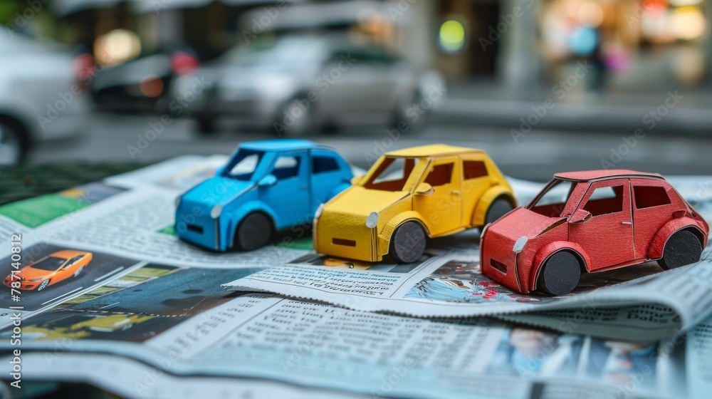 A newspaper with paper cars. A concept of car rental, search, and purchase. A newspaper with paper cars. A concept of car rental, search, and purchase.