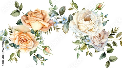 Watercolor floral wreath featuring a variety of flowers for greetings postcards and invitations Isolated bouquet including a white rose on a white background Perfect for scrapbooking project
