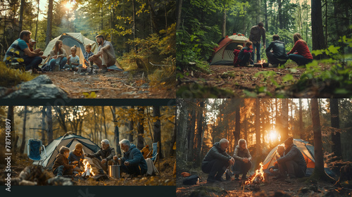 Family of different generations camping in a forest, setting up a tent and sharing stories around a campfire © Faisal