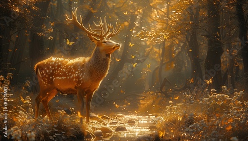 A deer, a terrestrial animal, stands gracefully in a picturesque forest landscape. The fawn is surrounded by lush green grass and majestic deciduous trees, like a scene from a painting © RichWolf
