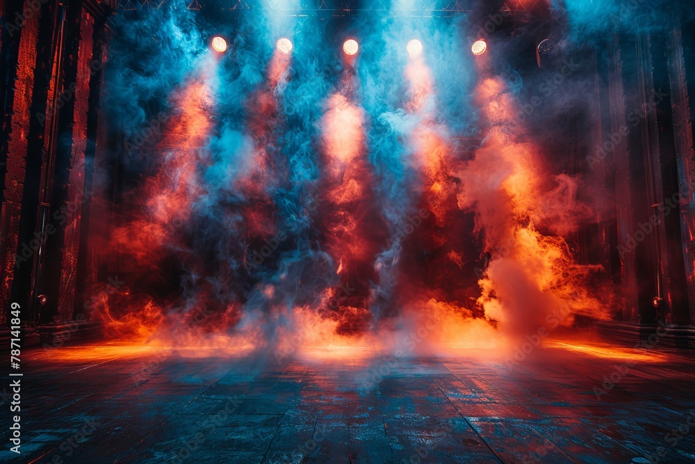 The image shows a stage set for performance with vibrant red smoke and dynamic lighting creating a dramatic atmosphere
