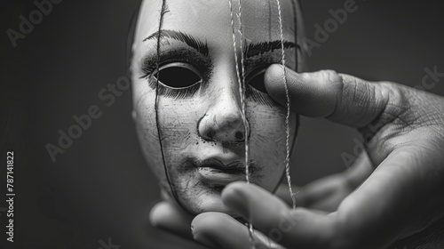 A black and white image depicts a marionette in the hand of a human.