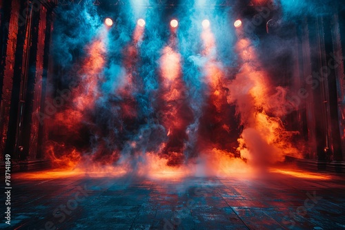 The image shows a stage set for performance with vibrant red smoke and dynamic lighting creating a dramatic atmosphere