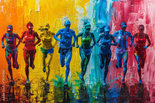 Colorful paint splashes and silhouettes of runners, colours of the rainbow, vector, vectorial