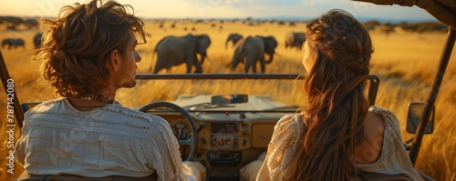 A man and a woman are sharing a fun travel experience in a car, looking at working elephants in the prairie landscape. The event is filled with wildlife and artistic views