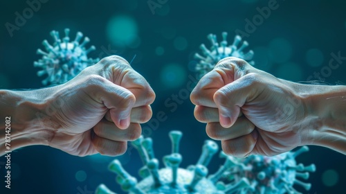 A clash of two fists on a background with a Coronavirus model. Concept of a battle with the Coronavirus.