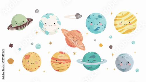 Hand drawn solar system with cute faces. Vector set.