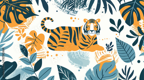 Hand drawn tropical jungle leaves tiger 