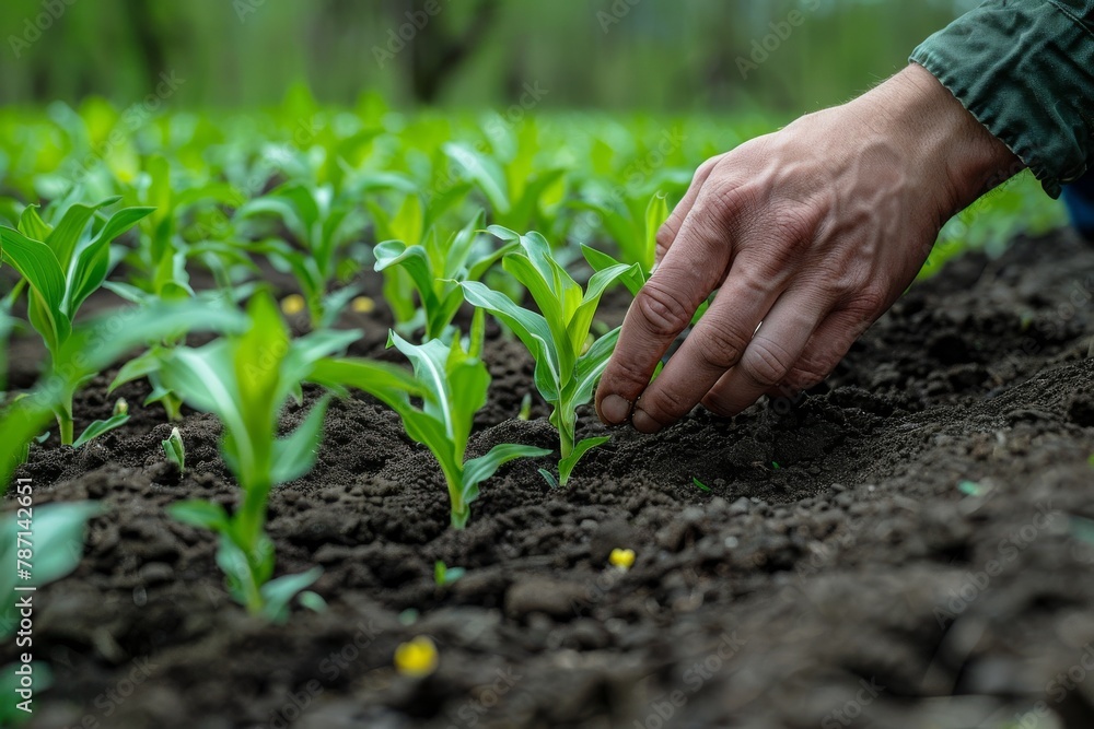 Farmer's hand tenderly caring for young green plants in rich soil, symbolizing growth and agriculture Farmer's hand tenderly caring for young green plants in rich soil, symbolizing growth and agriculture