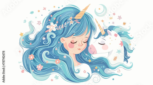 Blue hair princess with unicorn. Cute childrens Illustration