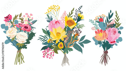 Hand drawn vector set of three Four flower bouquets.