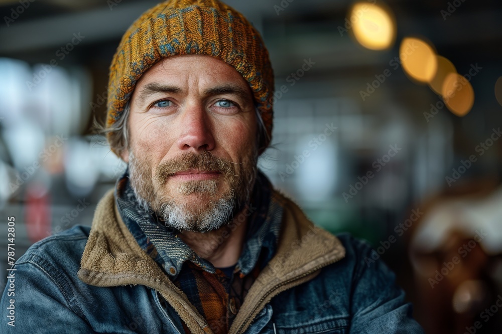 A detailed close-up portrait of a bearded middle-aged man wearing a colorful knit cap and a denim jacket, with a blurred background