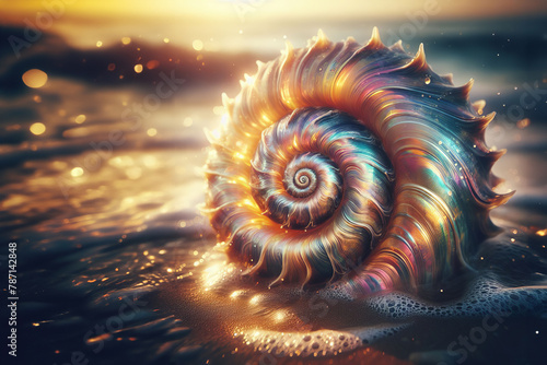 Exquisite digital artwork depicting a detailed  colorful snail shell resting gracefully on a sandy beach. 