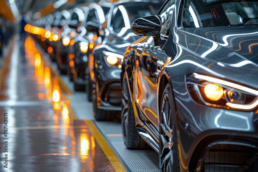 An impressive array of luxury cars lined up in a production line ...